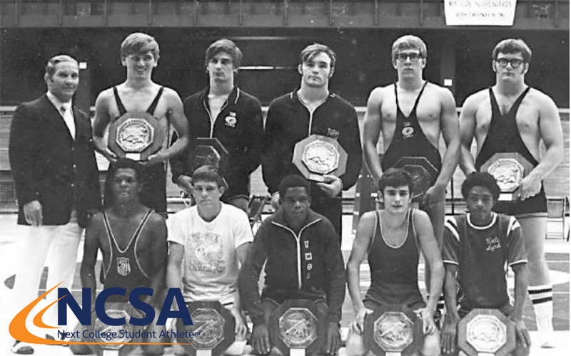 Photo of the 1971 Junior Nationals champion in Iowa City, Iowa, and the NCSA logo