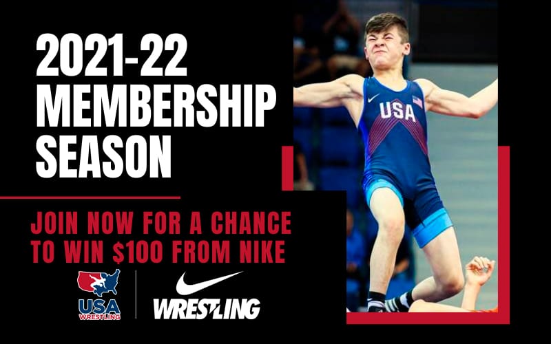 Graphic for the 2021-22 membership season launch, with image of youth wrestler celebrating a victory