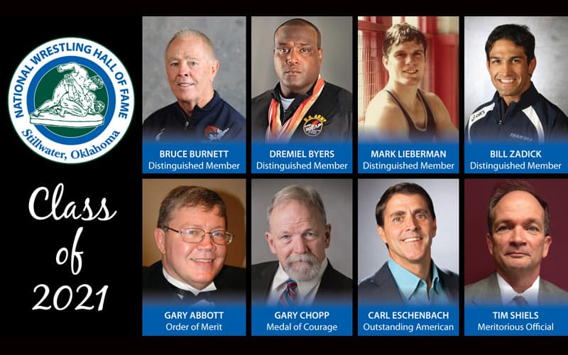 Hall of Fame Graphic featuring inductees Burnett, Byers, Lieberman, Zadick, Abbott, Chopp, Eisenbach, Shiels