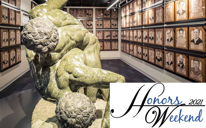 Hall of Fame statue, member plaques and Honors Weekend logo