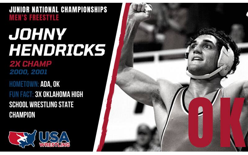 Johny Hendricks pumps his fist in victory in his 50th Junior Nationals fantasy bracket graphic