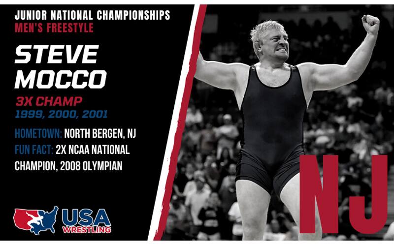 Steve Mocco flexes after a win, as part of his 50th Junior Nationals bio graphic