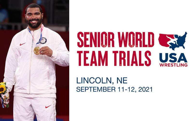 Gable Steveson with his Olympic gold medal, Logo for the 2021 Senior World Team Trials in Lincoln