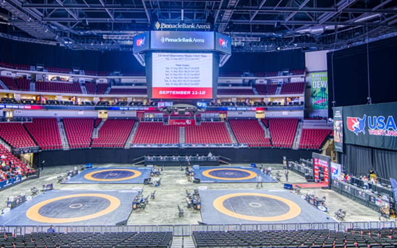 Wrestling mats at Pinnacle Bank Arena in Lincoln, Neb.