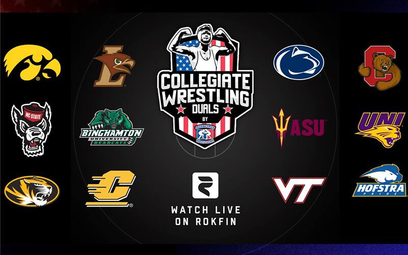 Graphic for the 2021 Collegiate Duals, with all 12 teams which are competing