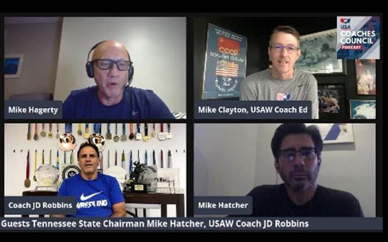 Tennessee State Chairperson Mike Hatcher and Coaches Council rep JD Robbins of Florida with Mike Hagerty and Mike Clayton. on Zoom