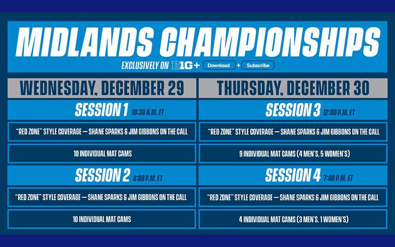 Graphics with 2021 Midlands broadcast schedule on B1G+