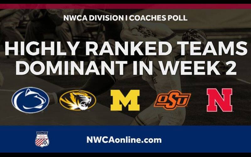 Graphic for NWCA Div. I Coaches Poll for November 16 with five logos - PSU, Mizzou, Michigan, Oklahoma St, Nebraska
