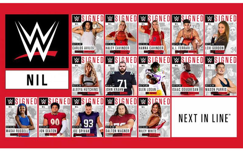 Graphic with 15 college athletes signed for NIL deals with the WWE