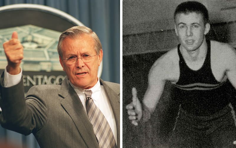 Image of Donald Rumsfeld as Defense Secretary and image of Donald Rumsfeld as a wrestler