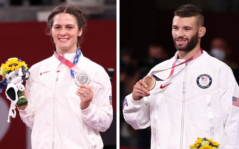 Olympic silver medalist Adeline Gray and Olympic bronze medalist Thomas Gilman with their Olympic medals