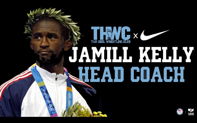 Tarheel WC coach Jamill Kelly graphic, with Kelly wearing his 2004 Olympic silver medal