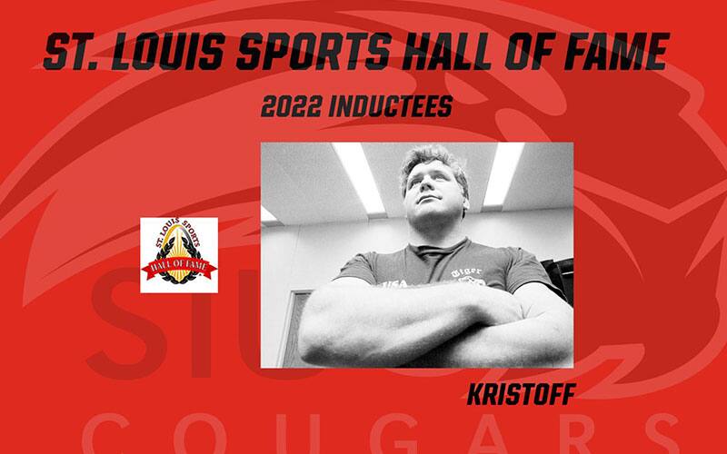 Graphic announcing past SIUE head coach Larry Kristoff going into St. Louis Sports Hall of Fame