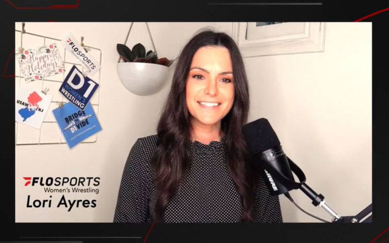 Lori Ayres on set of her podcast Everything Women's Wrestling