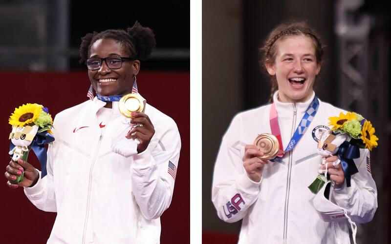 Olympic champion Tamyra Mensah Stock and Olympic bronze medalist Sarah Hildebrandt with their medals