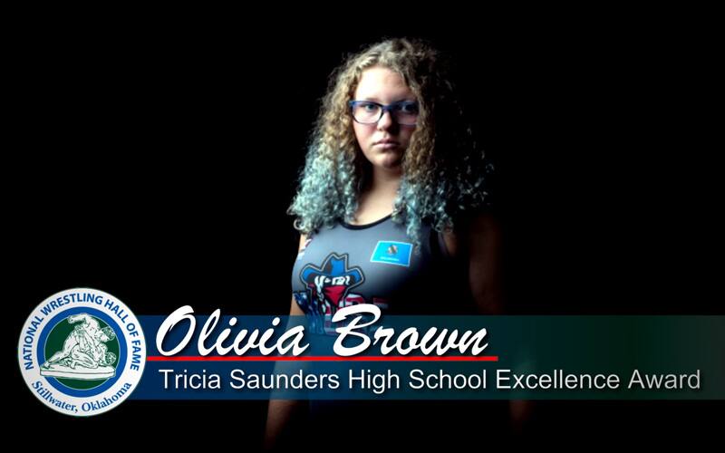 Olivia Brown of Oklahoma portrait, in graphic with the National Wrestling Hall of Fame logo