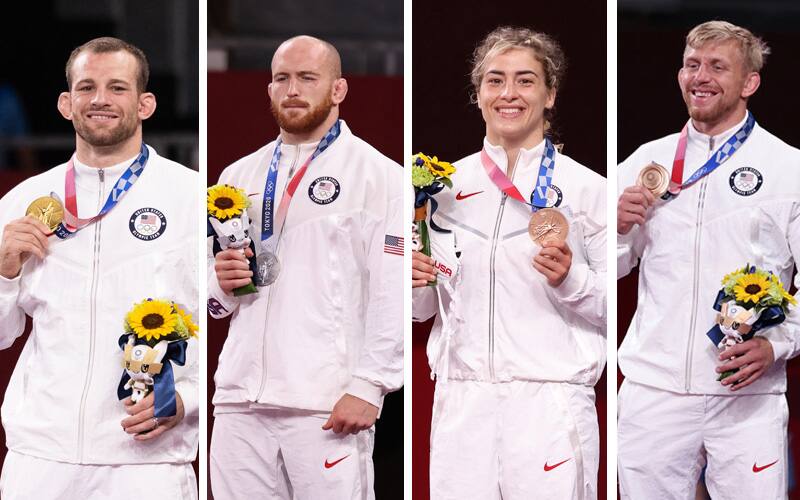 David Taylor, Kyle Snyder, Helen Maroulis, Kyle Dake pose individually with their Olympic medals
