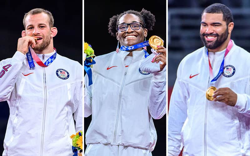 2020 Olympic champions with their gold medals: David Taylor, Tamyra Mensah Stock, Gable Steveson