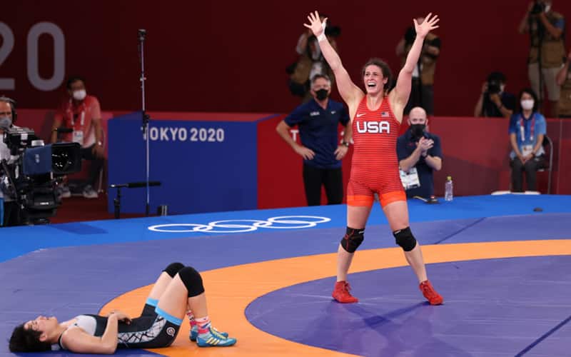 Adeline Gray celebrates her Olympic semifinals win over Kyzy of Kyrgyzstan