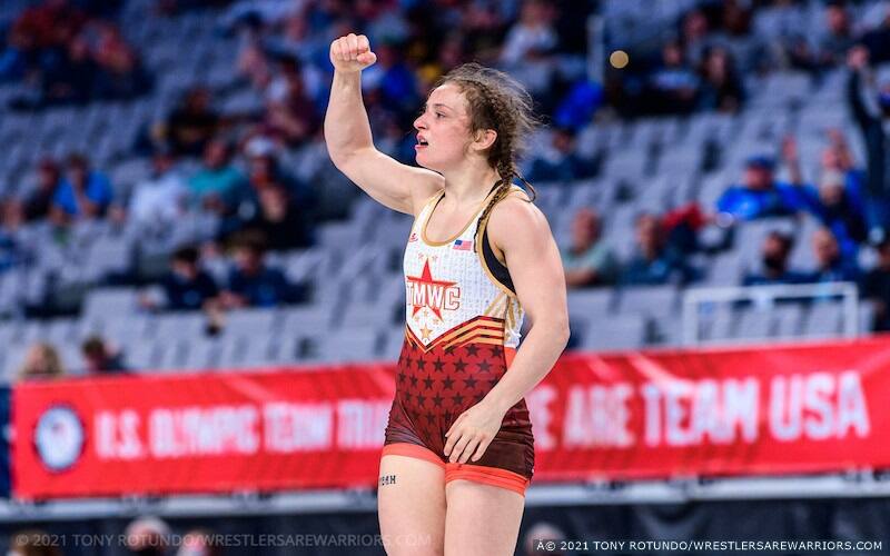 Emma Bruntil celebrates after winning a match at the 2021 Olympic Team Trials