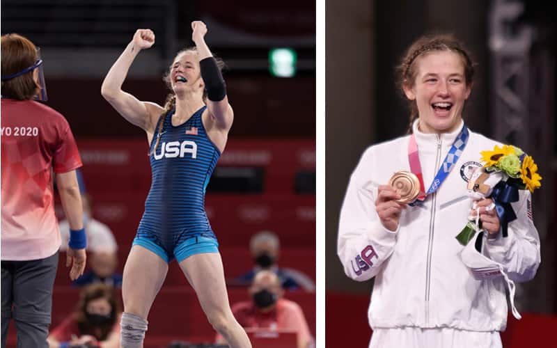 Sarah Hildebrandt celebrates at Olympic Games, and poses with her Olympic bronze medal