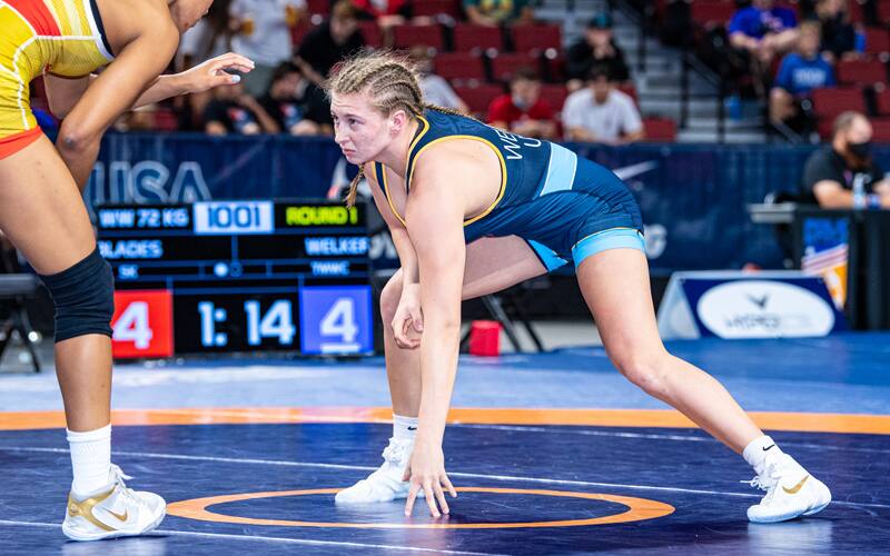 Kylie Welker gets in a low stance at the 2021 Senior World Team Trials
