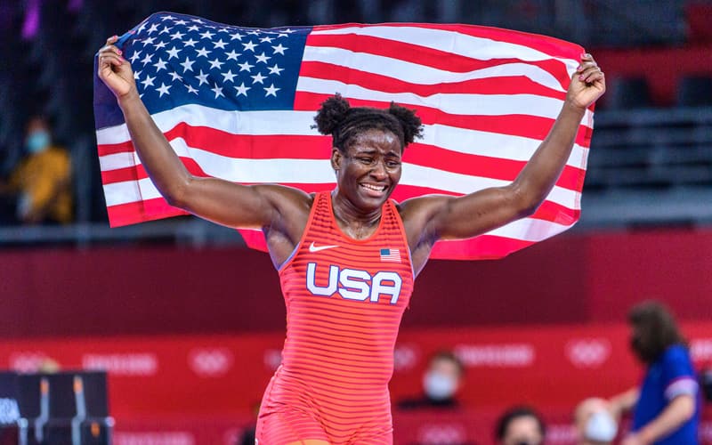 Tamyra Mensah Stock with US flag at Olympics