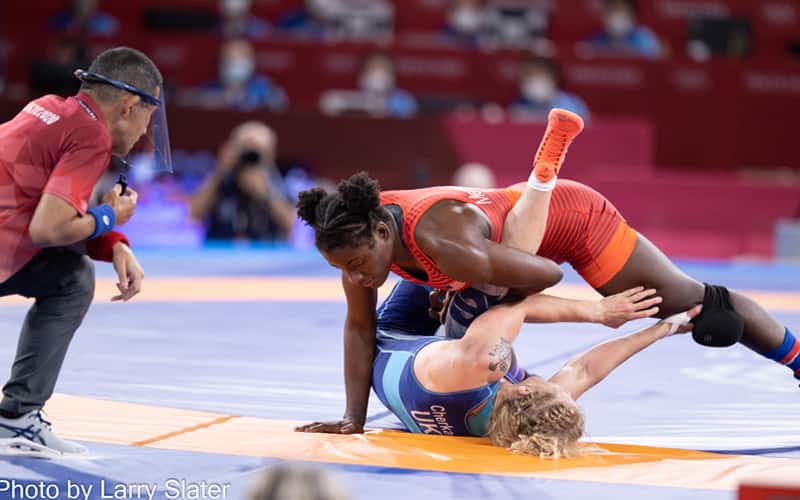 Tamyra Mensah Stock scores a turn over Alla Cherkasova in the Olympic semifinals.