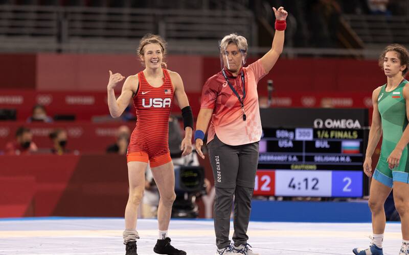 Sarah Hildebrandt (USA) celebrates her quarterfinals win at the Olympic Games