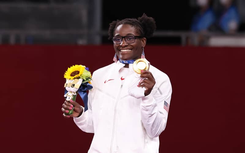 Tamyra Mensah Stock (USA) with her Olympic gold medal
