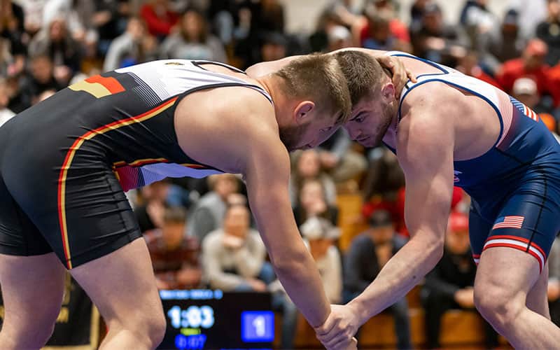 Braxton Amos (Wisconsin RTC) squares off with Johannes Mayer (Germany) at the Badger State Clash