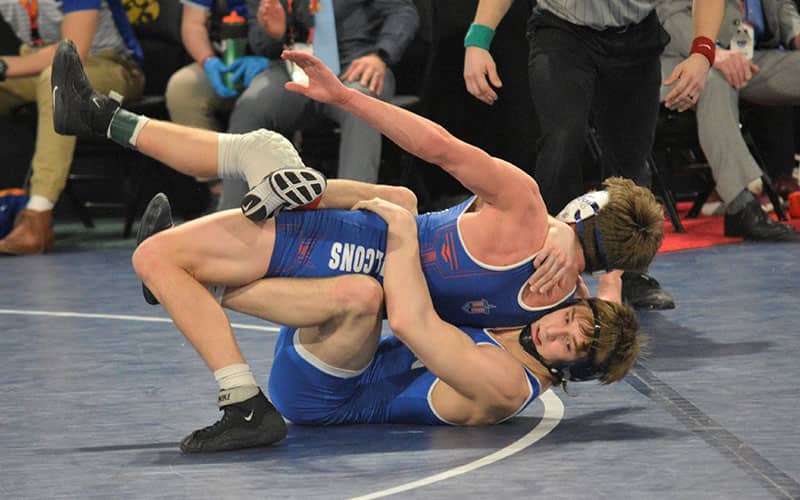 Millikin's Bradan Birt putting Quinn Hoopman of Concordia University to his back at the 2021 NWCA Div. III Championships. 