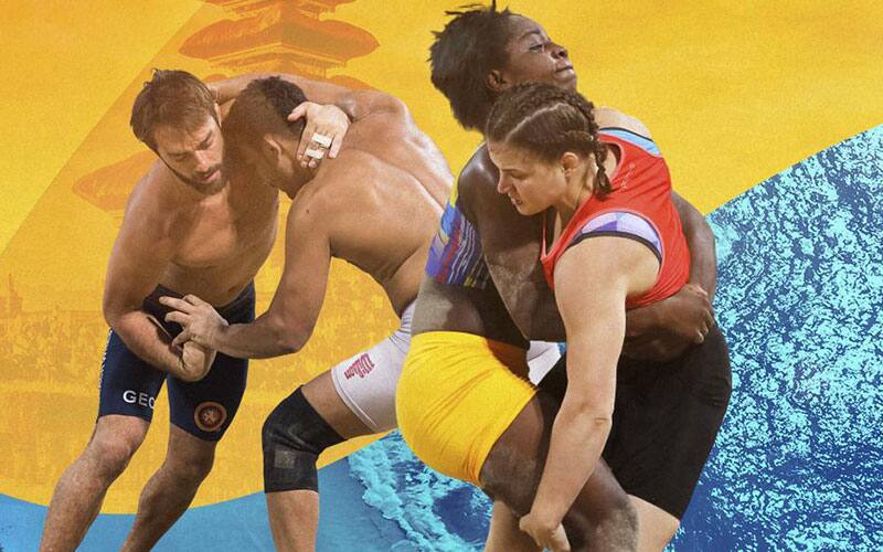 Graphic depicting men and women Beach Wrestling
