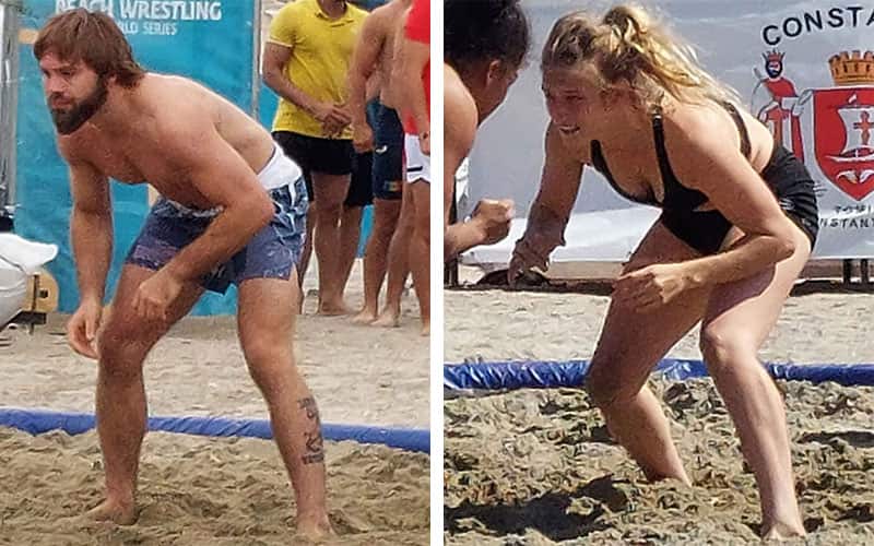U.S. Beach wrestlers Mitchell Cook and Mia Macaluso in their stances at the Beach World Series Final.