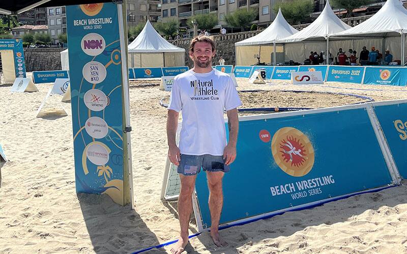 Mitchell Cook at the Beach Wrestling venue in Sanxenxo, Spain