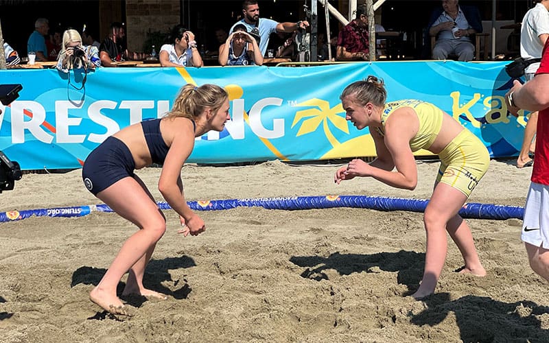 Mia Macaluso (USA) squares off with Daria Medvetska of Ukraine at 60 kg in Katerini, Greece.