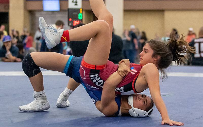 Isabella Marie Gonzales (CA) turns an opponent with a gut wrench at 2022 U15 Nationals 
