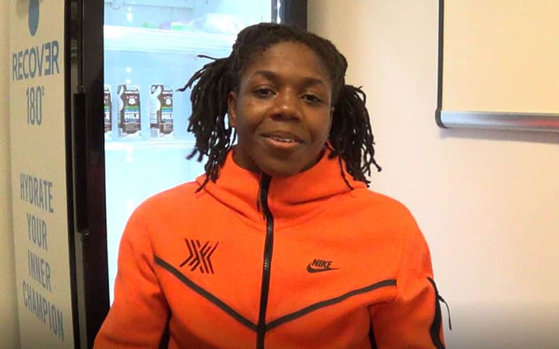 Dymond Guilford in the coaches office at the U.S. Olympic & Paralympic Training Center