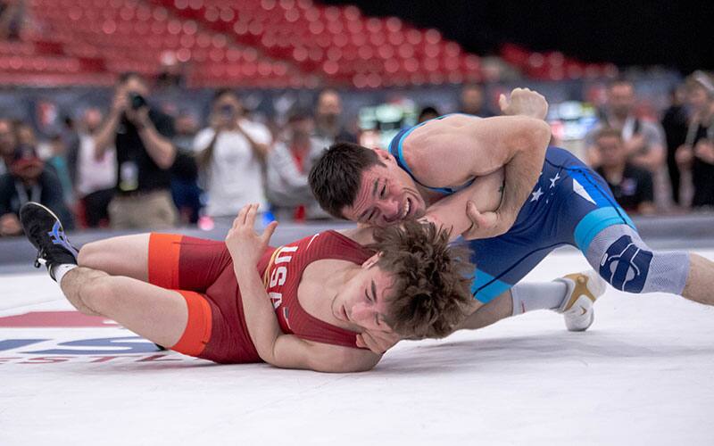 Ildar Hafizov (Army WCAP) hits arm throw on Max Black (Black Fox) in U.S. Open finals.