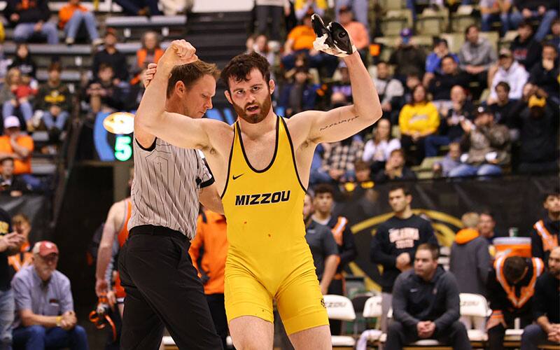 Sean Harmon of Missouri with arm raised in victory over Oklahoma State