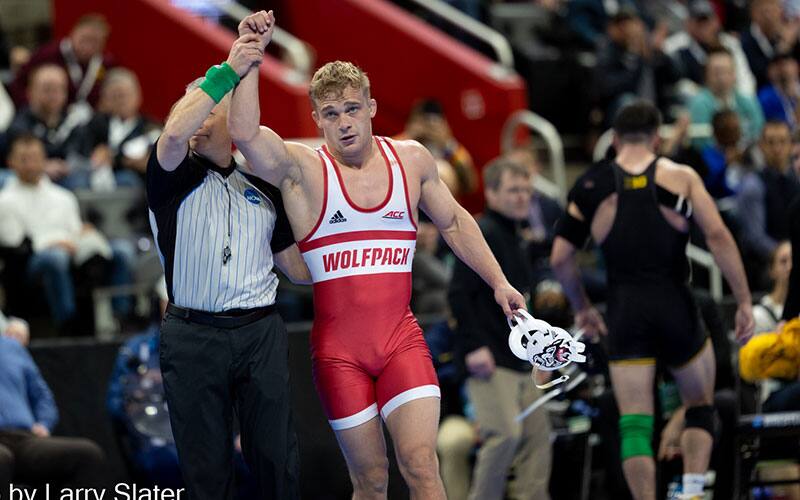 Hayden Hidlay (NC State) with arm raised in victory at 2022 NCAAs