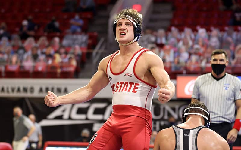Trent Hidlay of NC State celebrates after a win