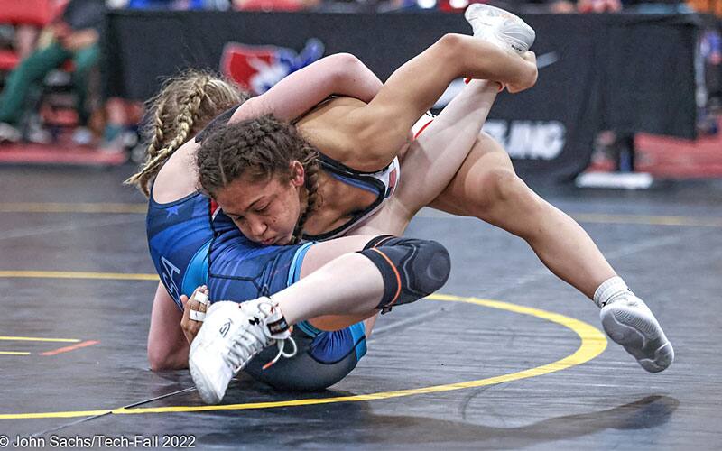 Audrey Jimenez of the Sunkist Kids scores a takedown in the Girls National Recruiting Showcase