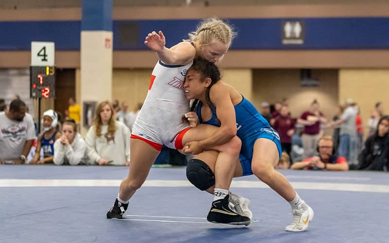 Audrey Jimenez (Sunkist Kids) has single leg on Sage Mortimer (TMWC) at U20 Nationals