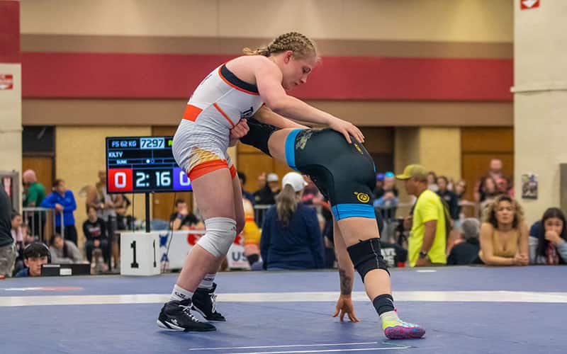 Macey Kilty (Sunkist Kids) secures a takedown against Zoe Nowicki (Bulldog WC) at the U23 Nationals