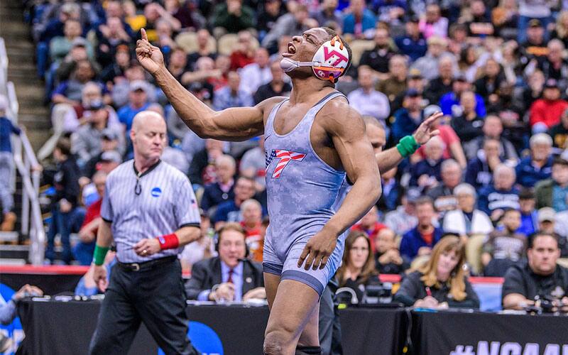 Mekhi Lewis celebrates after a win at the 2019 NCAAs