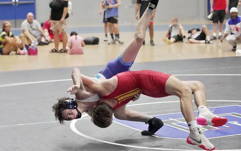 Nolan Fellers (IA) launches Blue Stiffler (SC) in the 62 kg Greco-Roman finals at the U15 Pan American Team Trials. 