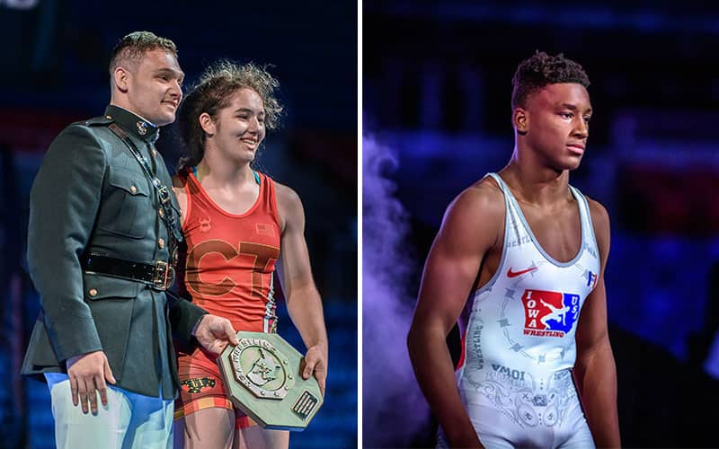 Sarah Henckel (CT) with Fargo trophy, Dreshaun Ross (IA) competition portrait