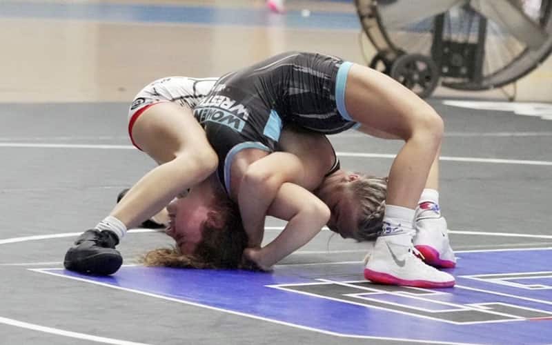 Jayden Keller (MO) works for a fall against Charlie Wylie (NY) in the U15 Pan American Team Trials at 50 kg. 
