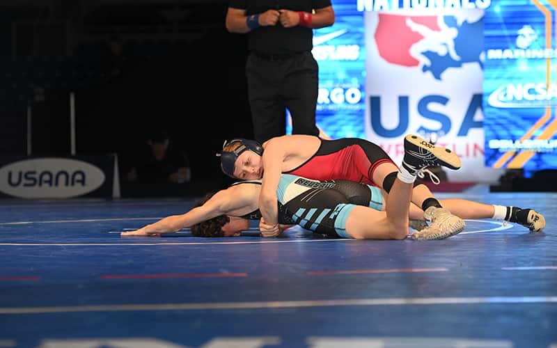 Haakon Peterson of Wisconsin works for his gut wrench in the finals of 16U Greco-Roman